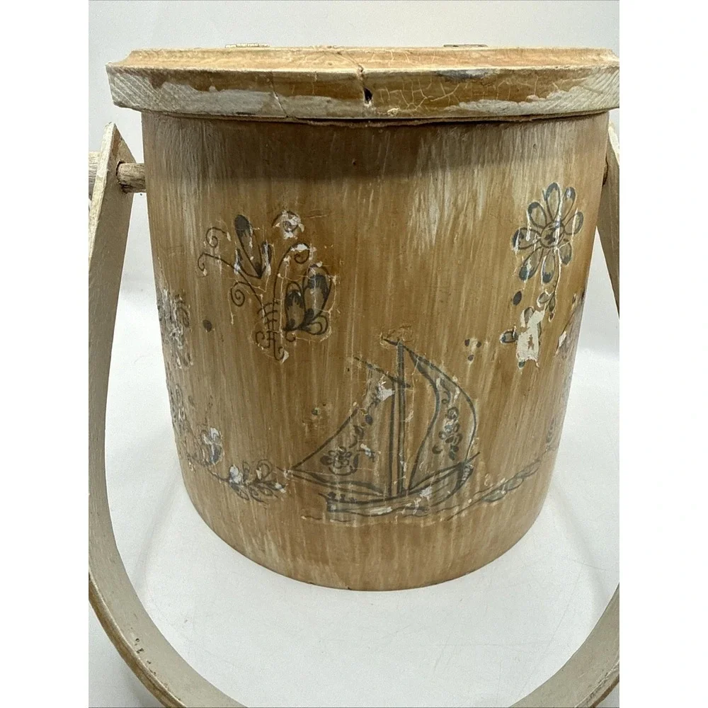 Antique Vintage  WOODEN FIRKIN SUGAR BUCKET Painted  Swing Handle & Lid